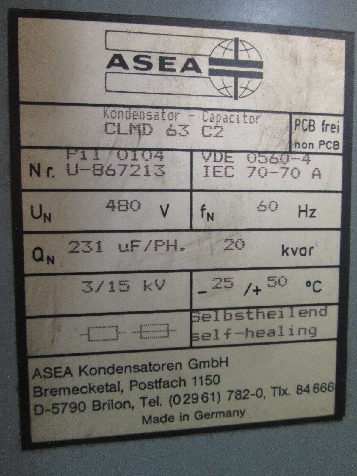 ASEA Capacitor CLMD 63 C2 20 KVAR 480V 60Hz Used