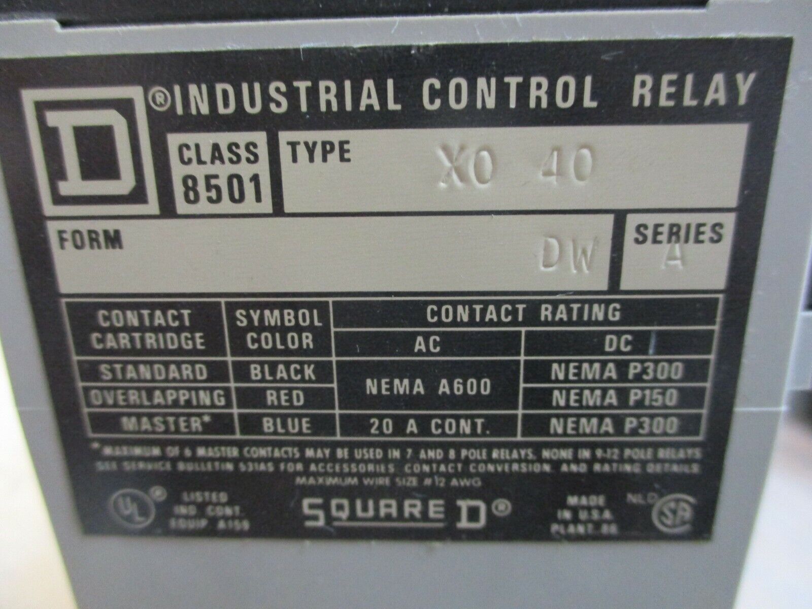 Square D Timing Relay 8501XTE1 8501X040 0.1-60 Sec, 120V Coil, Used