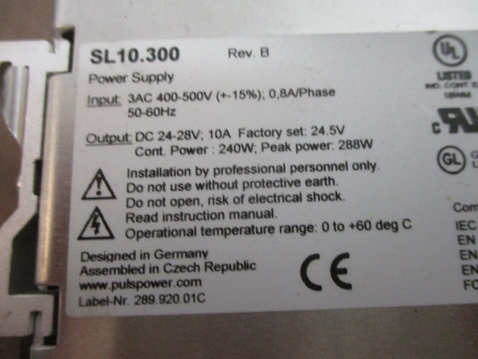 Puls Power Supply SL10.300 Rev. B Input: 3AC 400-500V 0.8A/Phase 50-60Hz Used
