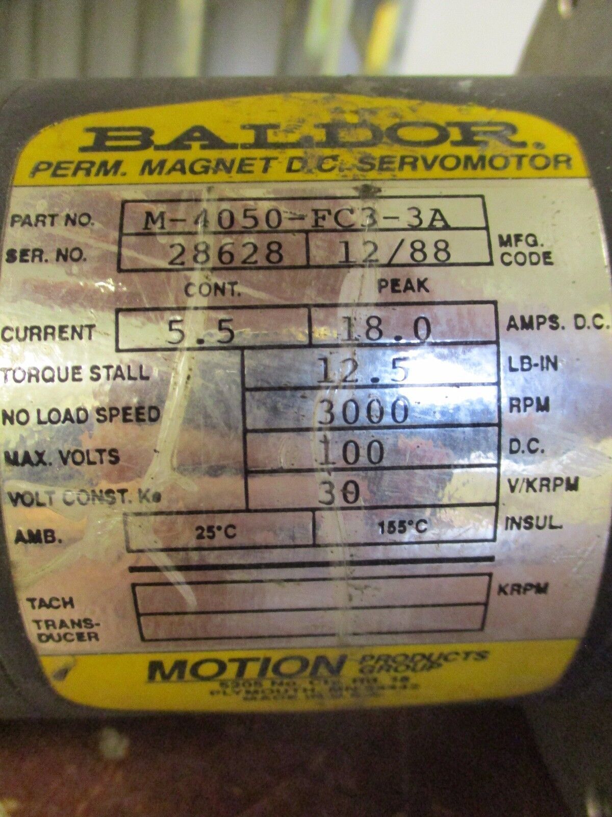 Baldor DC Servomotor M-4050-FC3-3A 3000RPM 100V 5.5A Used