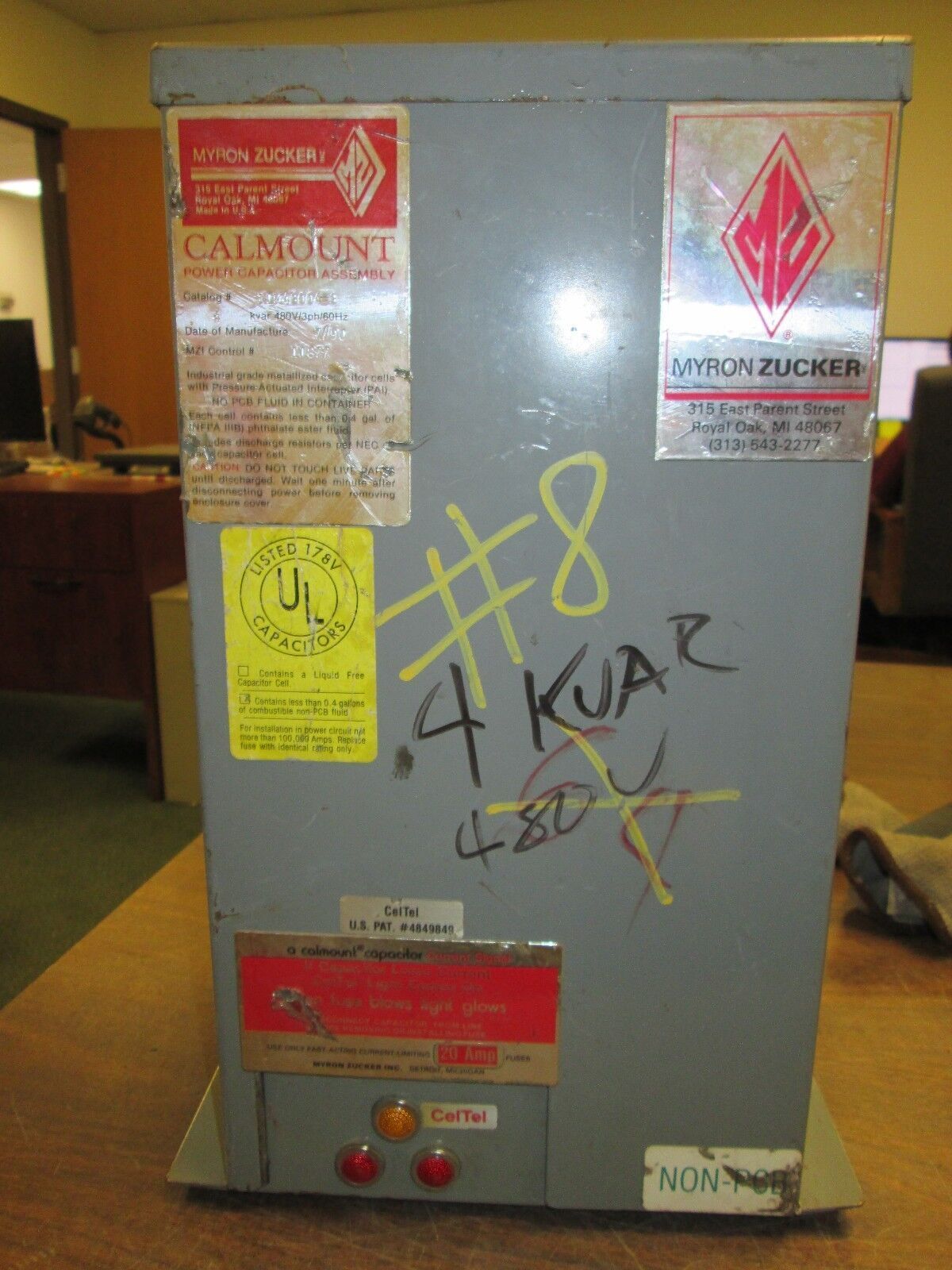 Myron Zucker Calmount Capacitor KIM43004-3 4KVAR 480V 3PH 60HZ Used