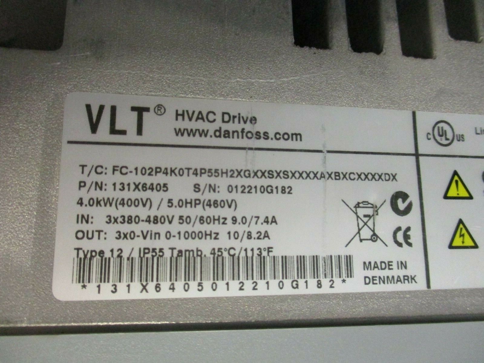 Danfoss VLT AC Drive 131X6405 5HP 3Ph Type 12 Enclosure w/Keypad Used