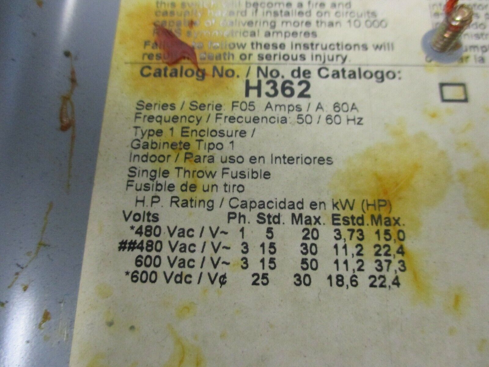 Square D Fusible Safety Switch / Disconnect H362 60A 600V 3P Series: F05 Used