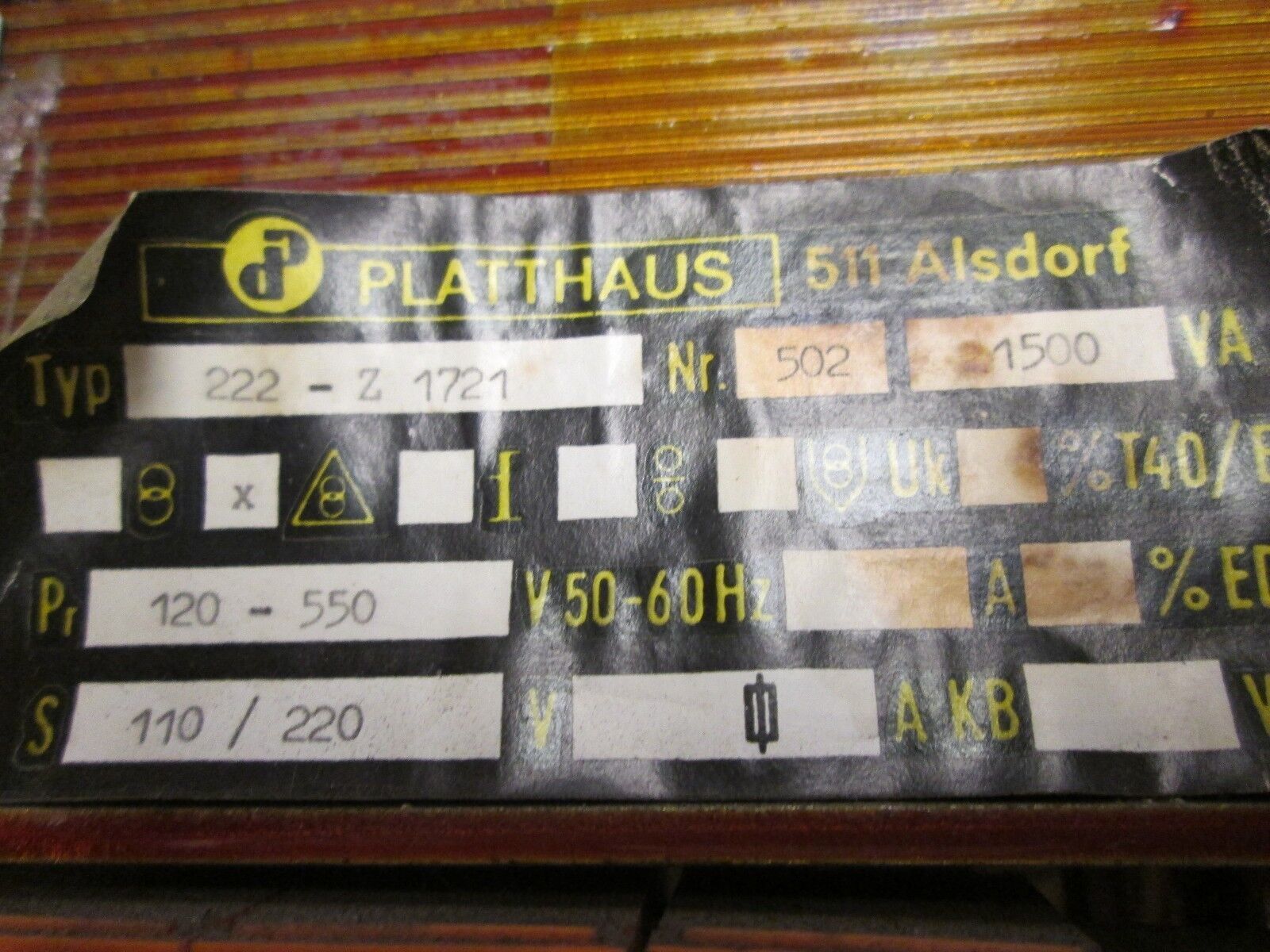Platthaus 511 Alsdorf Control Transformer 222-Z 1721 1.5 KVA Pri 120-550V Used