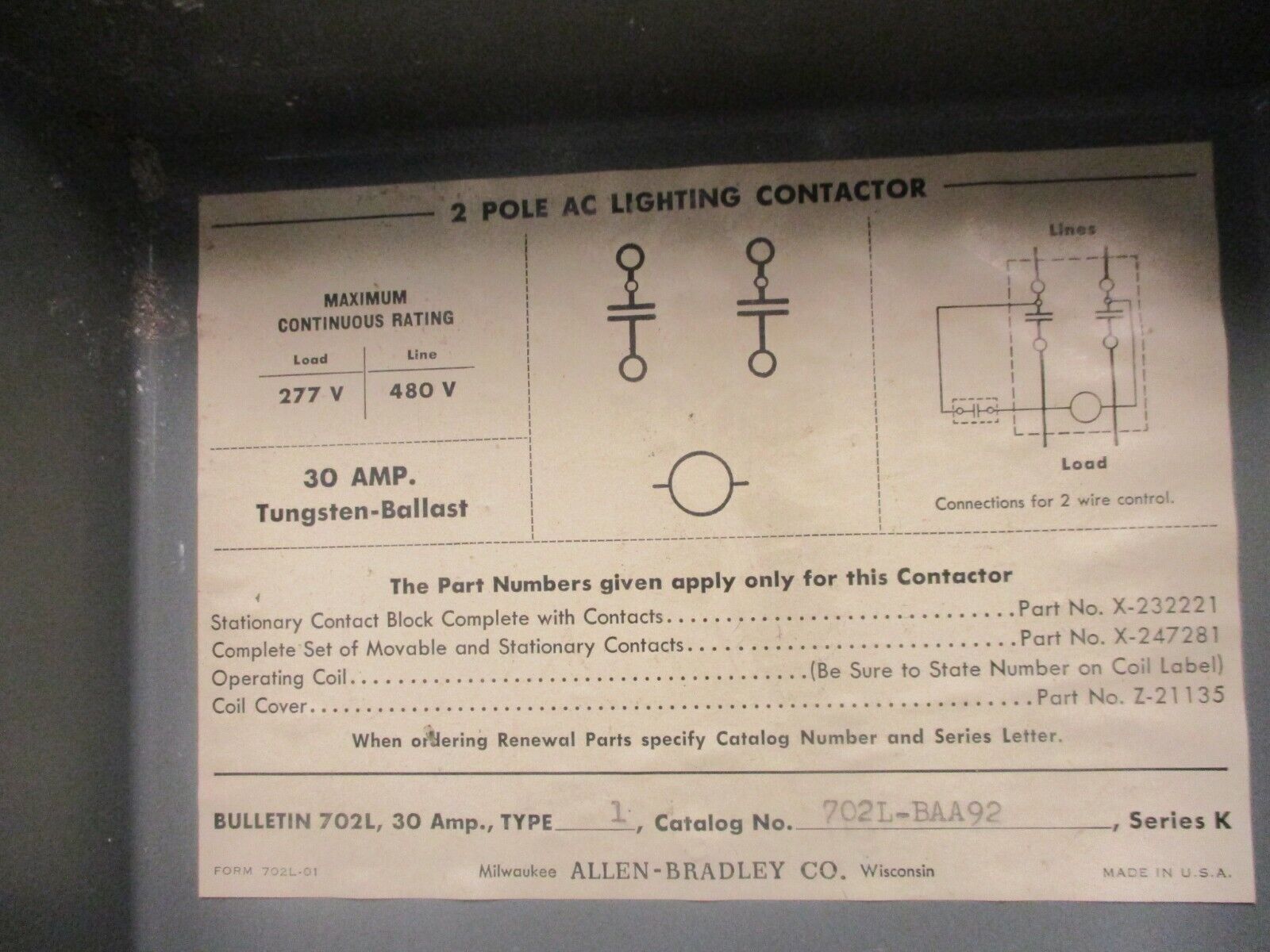 Allen-Bradley Enclosed Lighting Contactor 702L-BAA92 Ser K 120V Coil 30A 2P Used