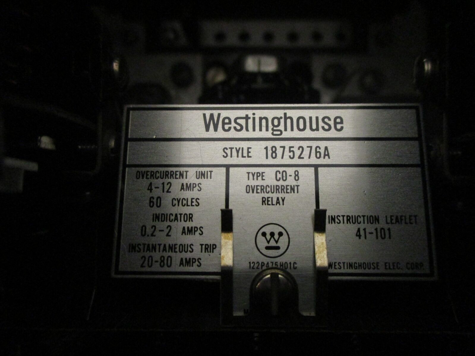 Westinghouse Type C0-8 Overcurrent Relay 1875276A Overcurrent Unit: 4-12A 60Hz