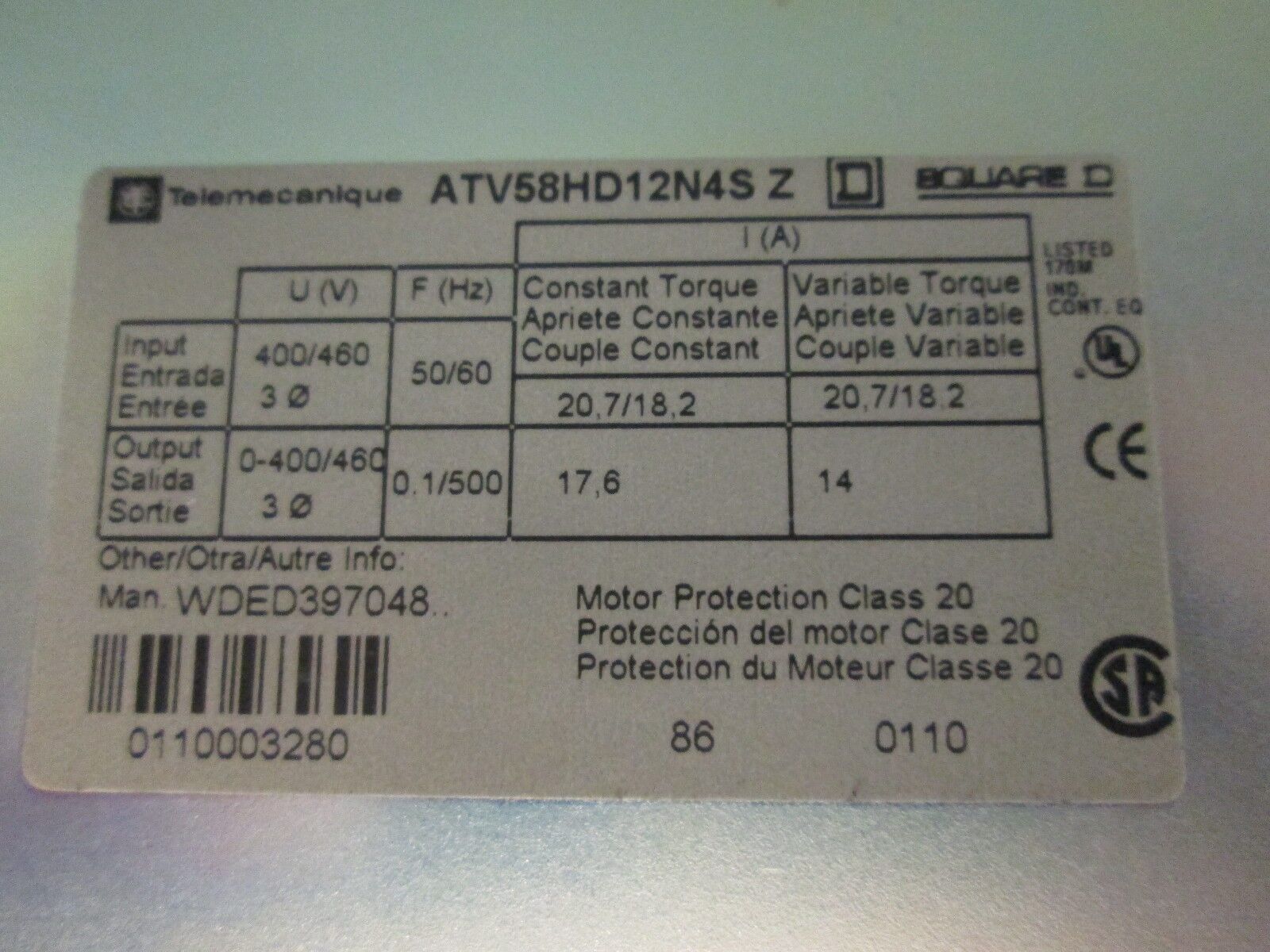 Square D Altivar 58 AC Drive ATV58HD12N4SZ 10HP 460V *No Keypad* Used