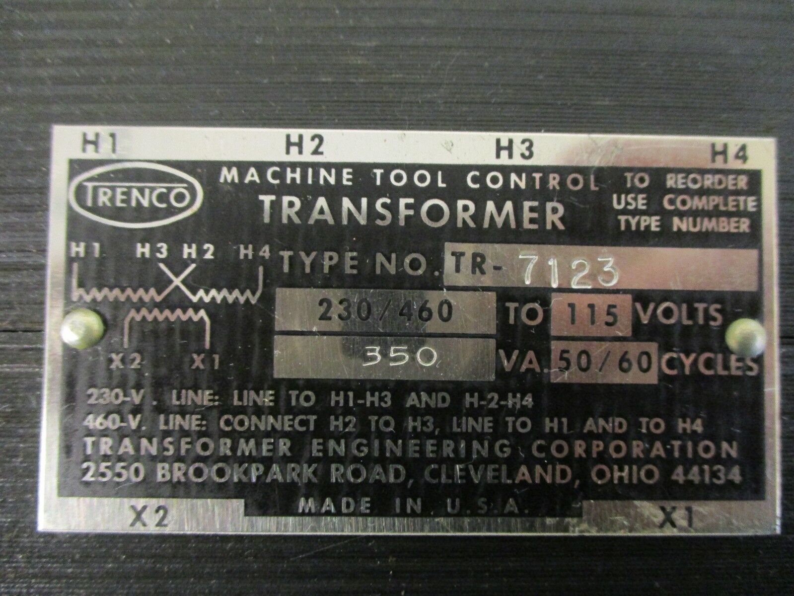 Trenco Control Transformer TR-7123 350VA Pri: 230/460V Sec: 115V Used
