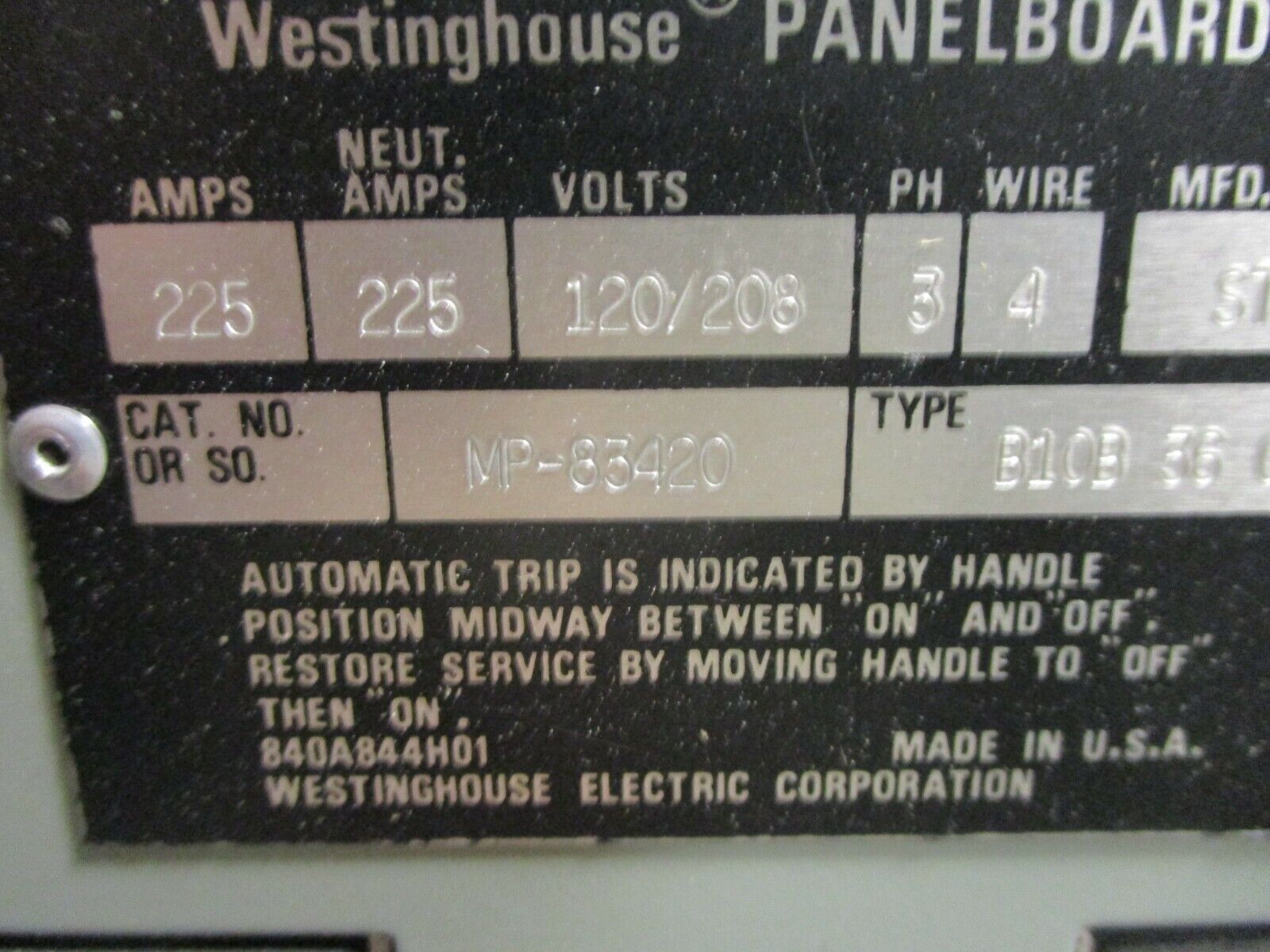 Westinghouse Main Breaker Circuit Breaker Panel MP-83420 225A Max 208Y/120 3Ph