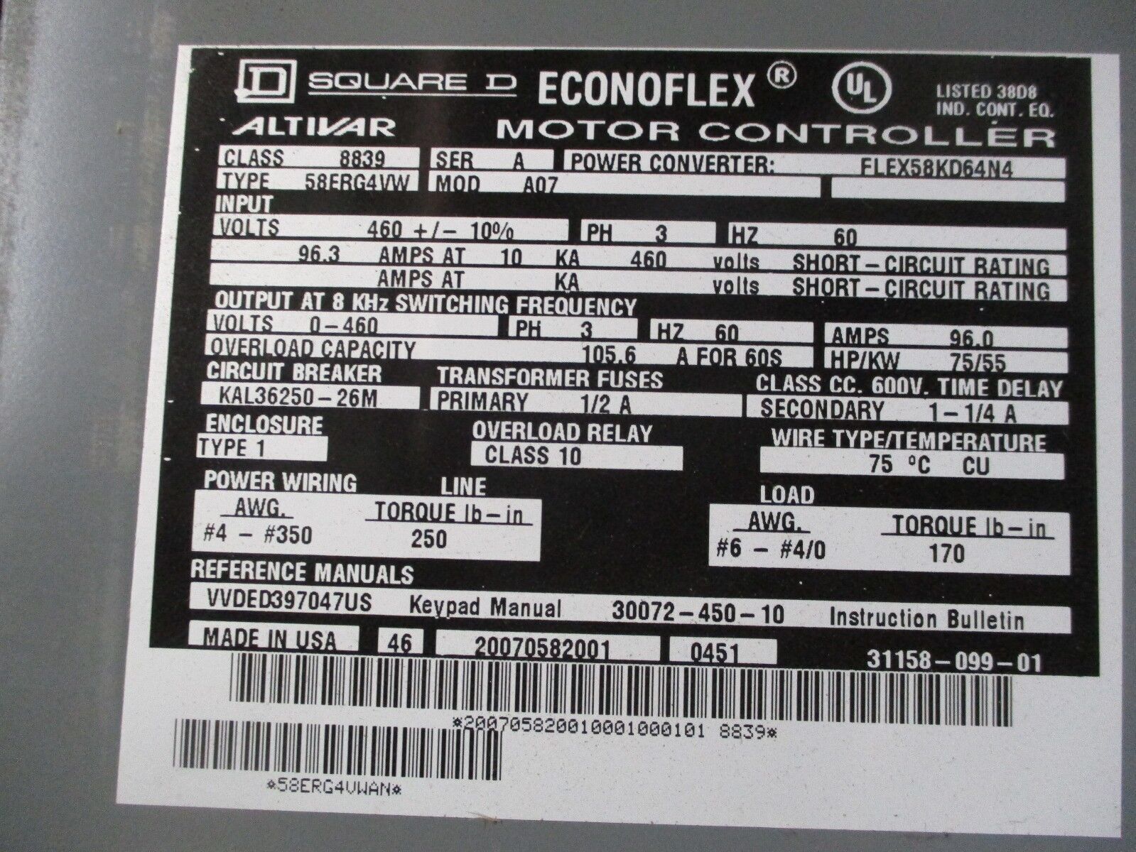 Square D Econoflex Altivar Motor Controller 8839 58ERG4VW 75HP 3Ph Used