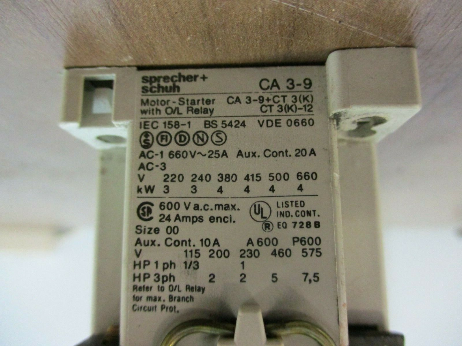 Sprecher + Schuh Starter CA 3-9/CT3-12 120V Coil Trip: 2.5-4.0A 600V Used
