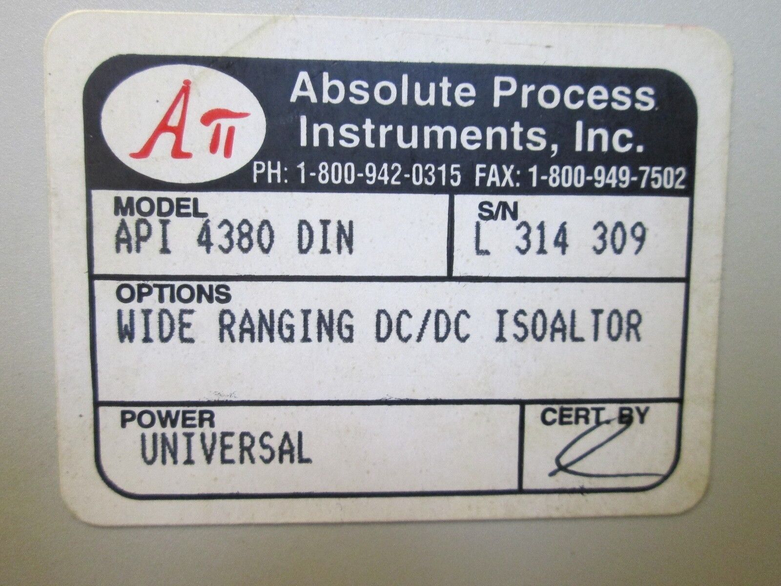 Absolute Process Instruments DC/DC Isoalter API 4380 DIN Used