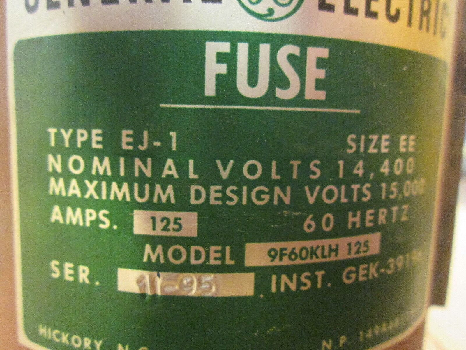 GE Type EJ-1 Fuse 9F60KLH125 Size EE 125A 14.4KV New Surplus