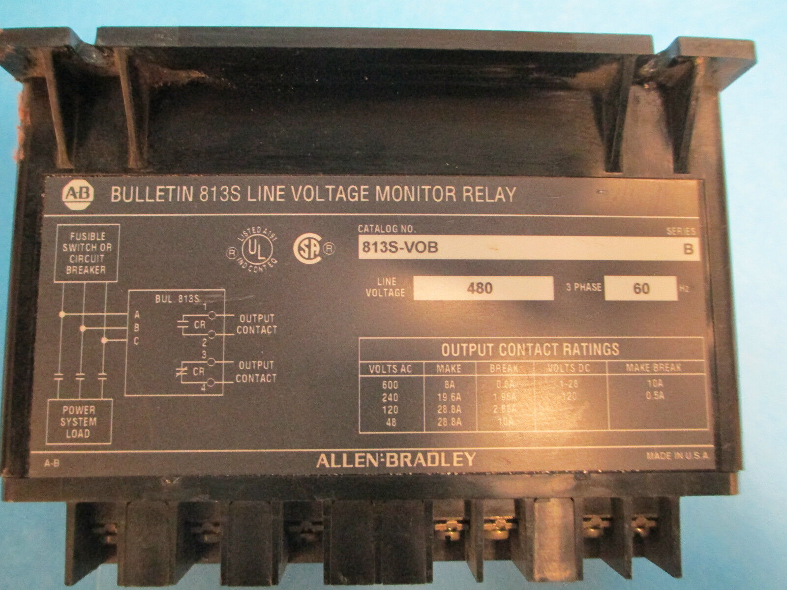 Allen-Bradley Line Voltage Monitor Relay 813S-VOB, 480V 3PH 60Hz Used