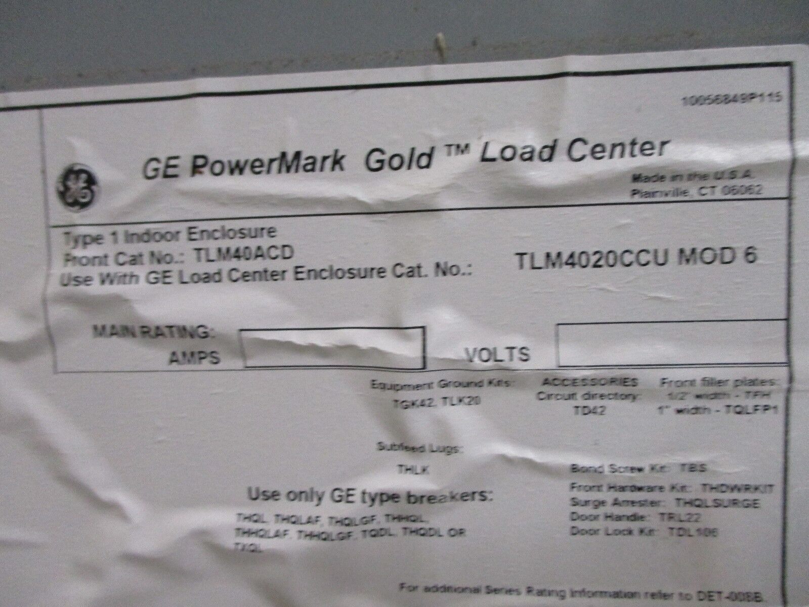GE Main Lug Circuit Breaker Panel TLM4020CCU MOD6 200A Max 120/208V 1Ph Used