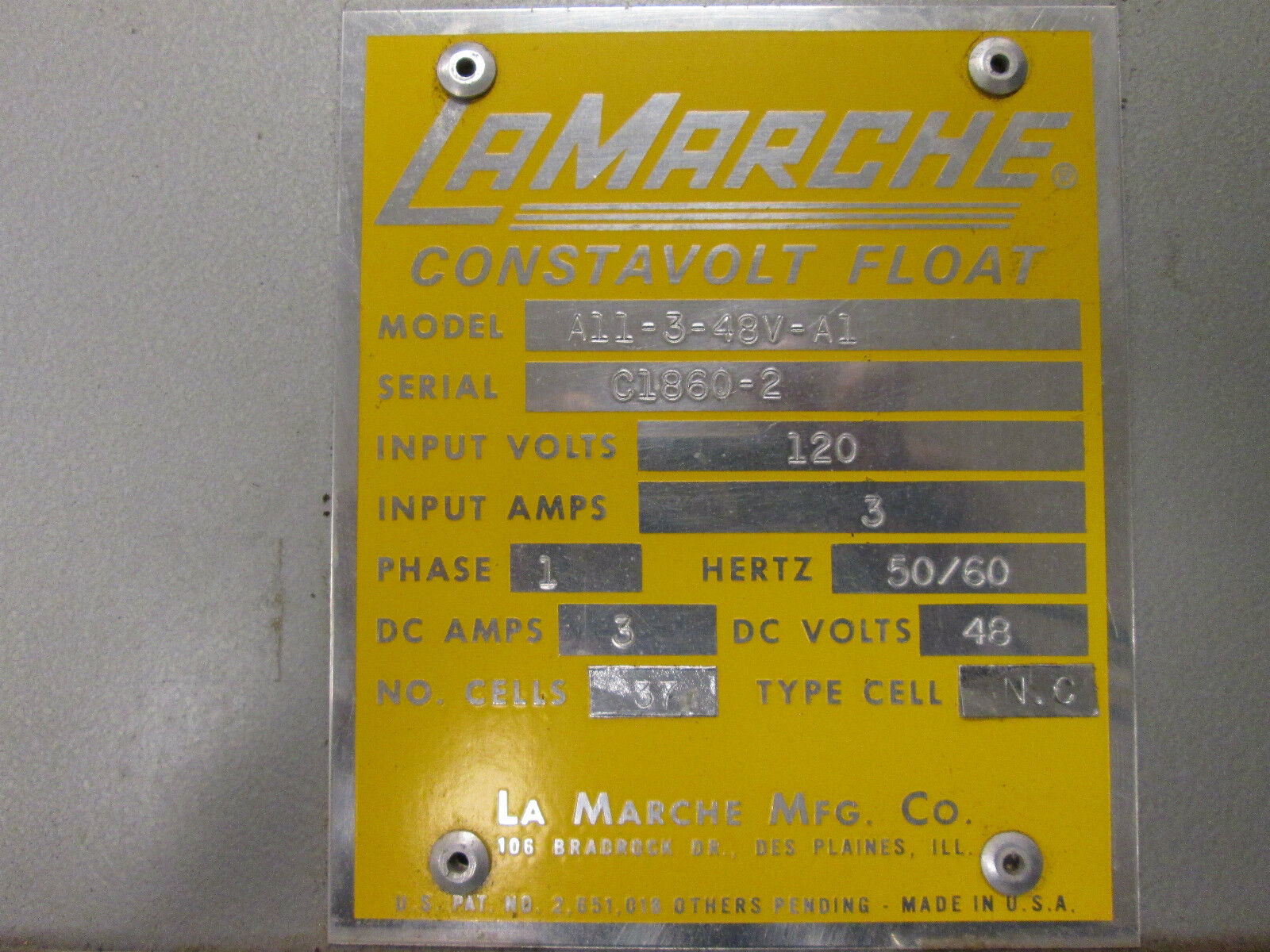 Lamarche Constavolt Float Charger A11-3-48V-A1 In: 120VAC Out: 48VDC 3A 37 Cells