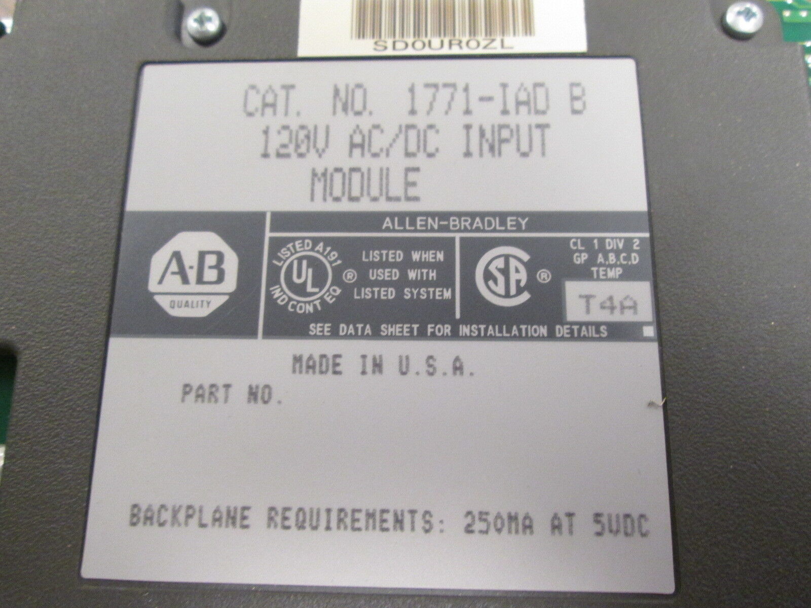 Allen-Bradley AC/DC Input Module 1771-IAD B 120V 250mA@5VDC Used