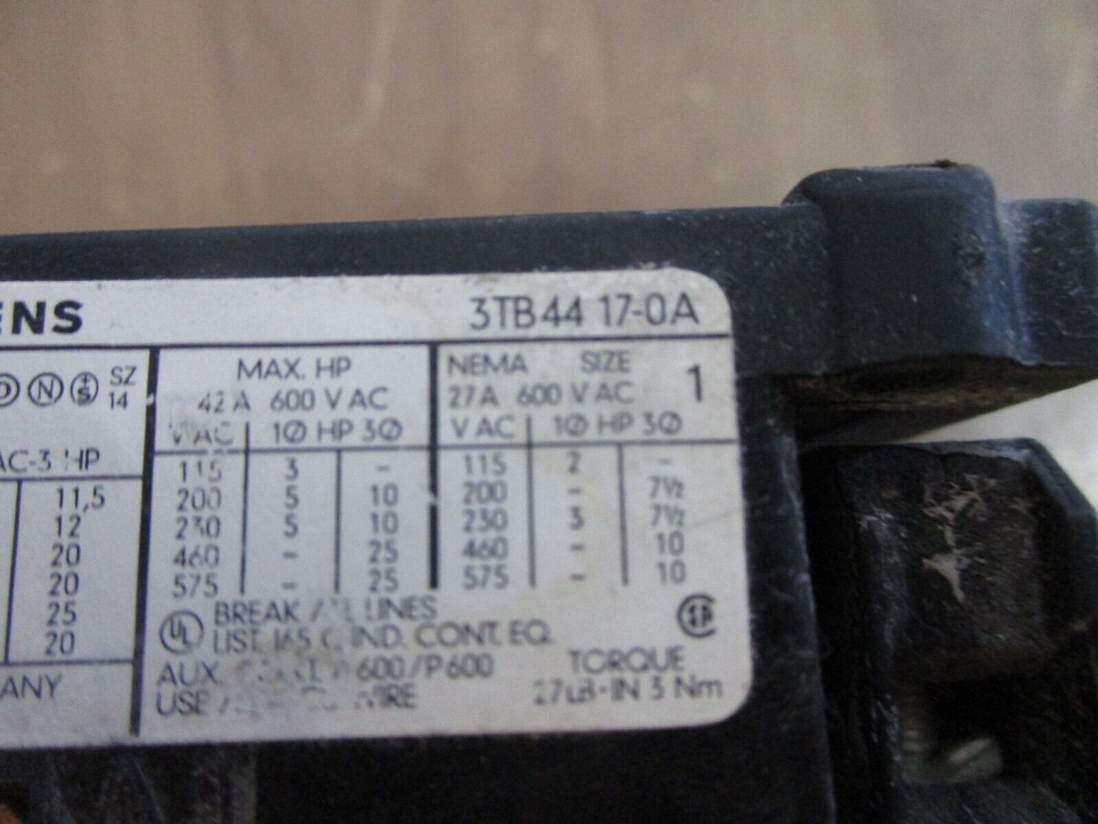 Siemens Size 1 Contactor 3TB44 17-0A 120V Coil 27A 600V Used
