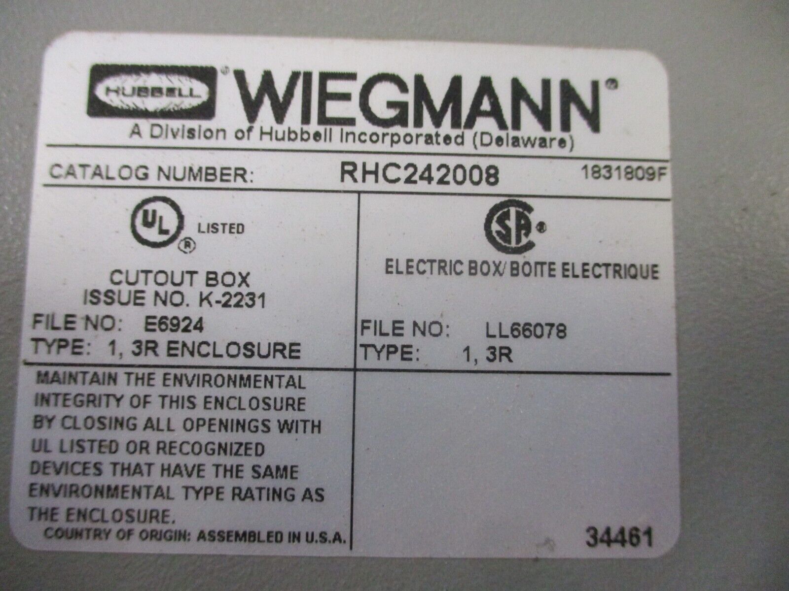 Wiegmann 3R Enclosure RHC242008 Size: 24x20x8 Used