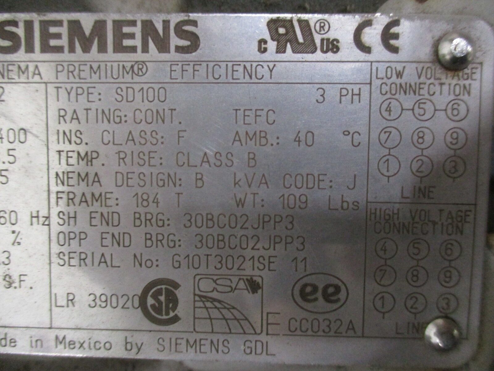 Siemens AC Motor 1LE23211CC314AA3 2HP 1200RPM 208-230/460V 6.7-6.4/3.2A Used