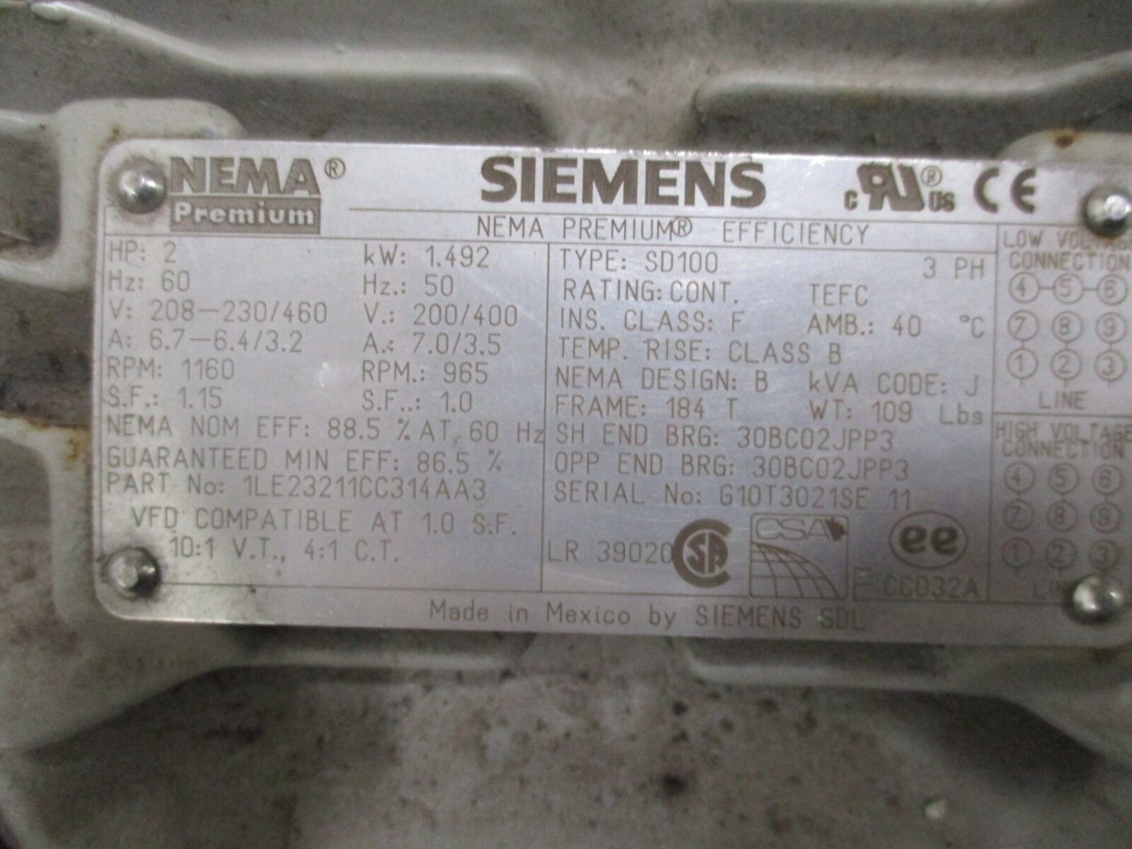 Siemens AC Motor 1LE23211CC314AA3 2HP 1200RPM 208-230/460V 6.7-6.4/3.2A Used