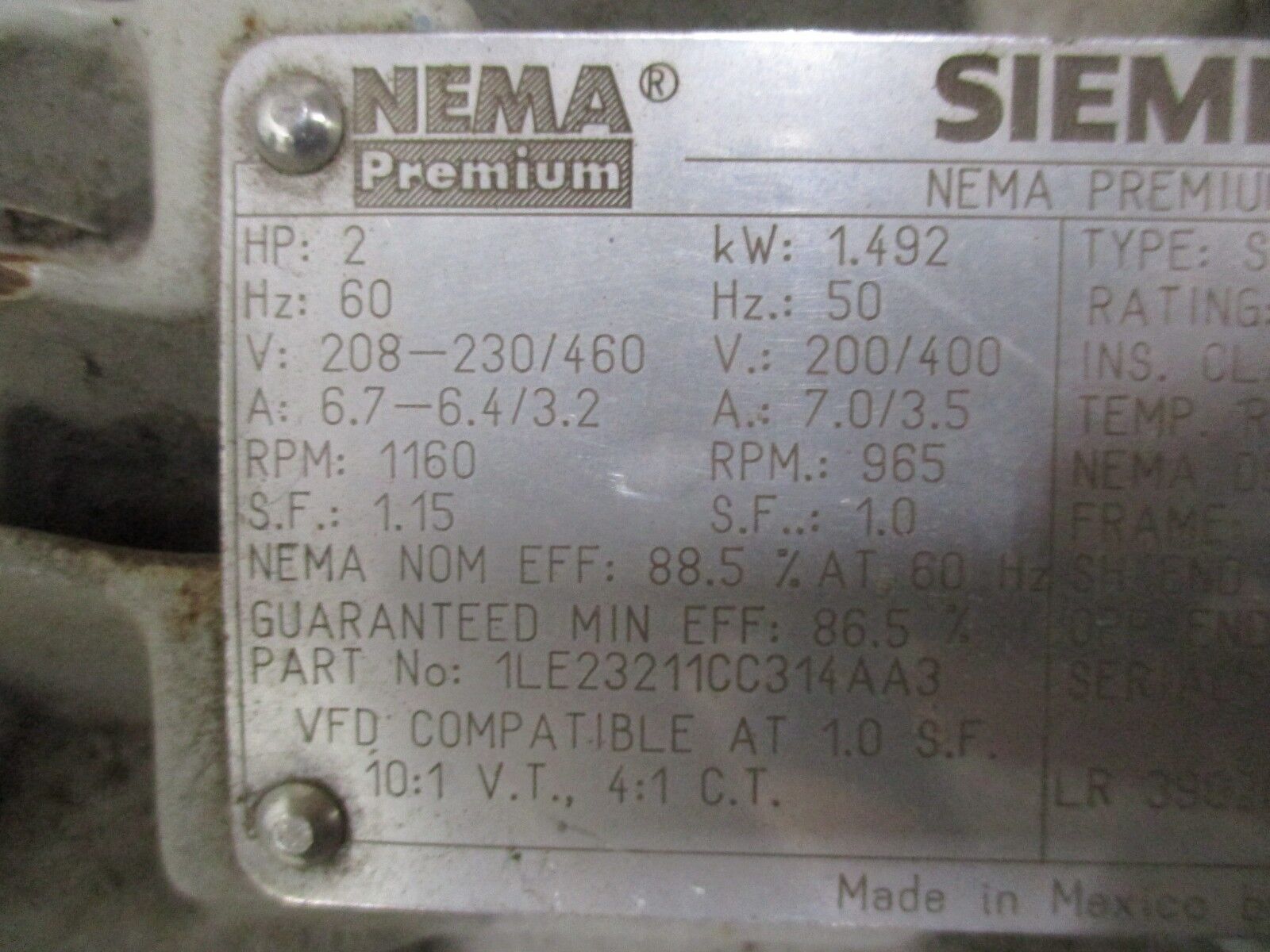 Siemens AC Motor 1LE23211CC314AA3 2HP 1200RPM 208-230/460V 6.7-6.4/3.2A Used
