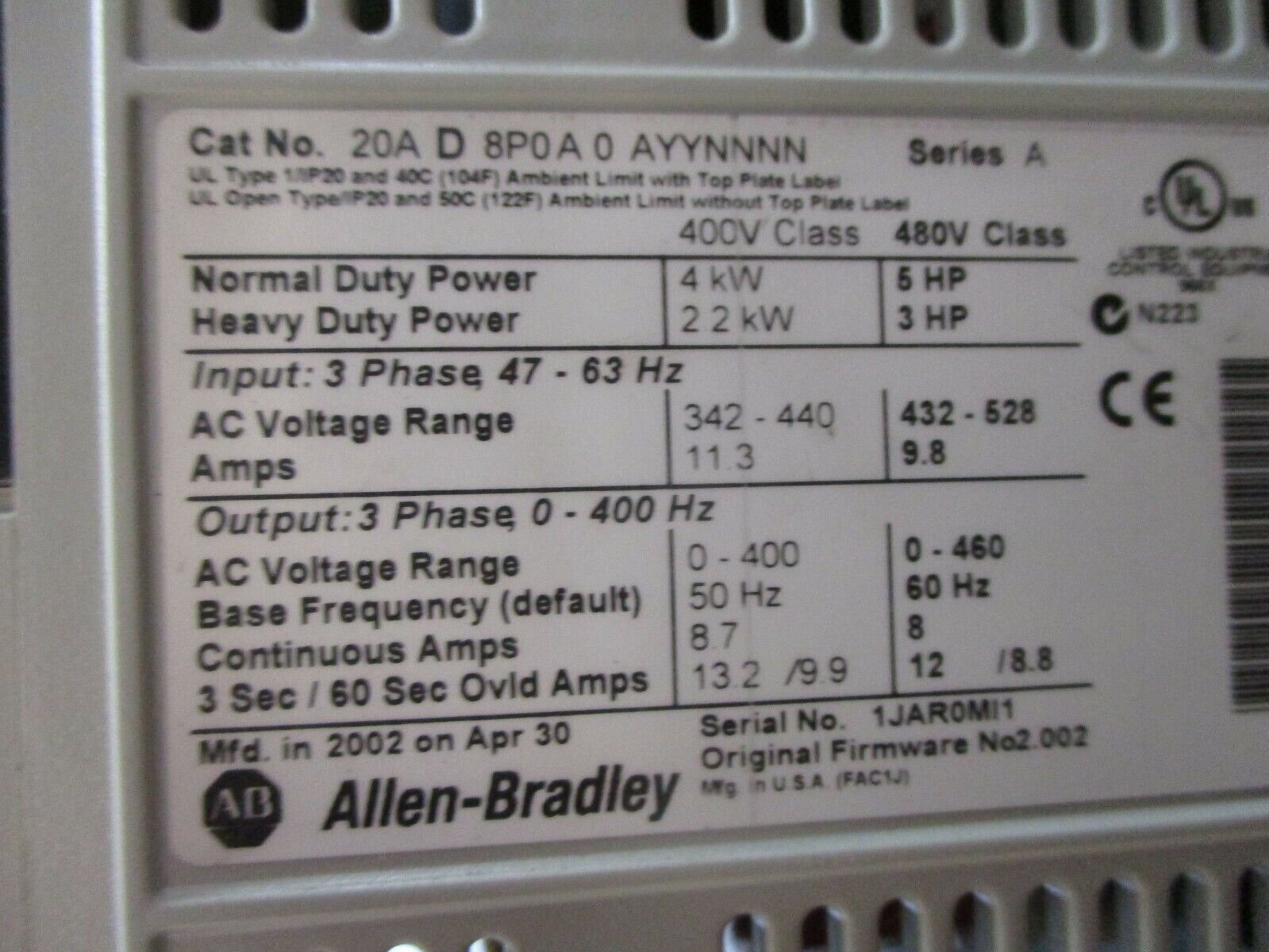 Allen-Bradley PowerFlex 70 AC Drive 20AD8P0A0AYYNNNN Ser. A 5HP 3Ph w/ Keypad