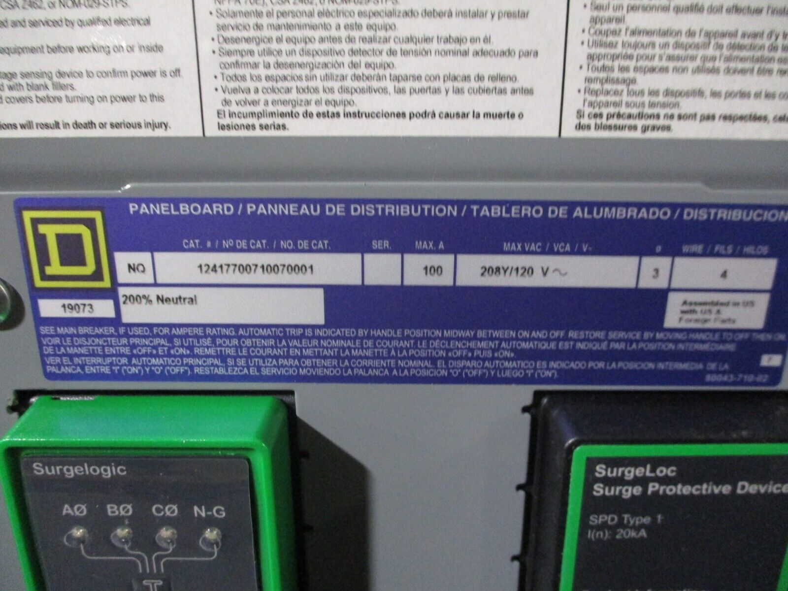 Square D Main Lug NQ Panelboard Interior w/ Box 12417700710070001 / MH44BE 100A