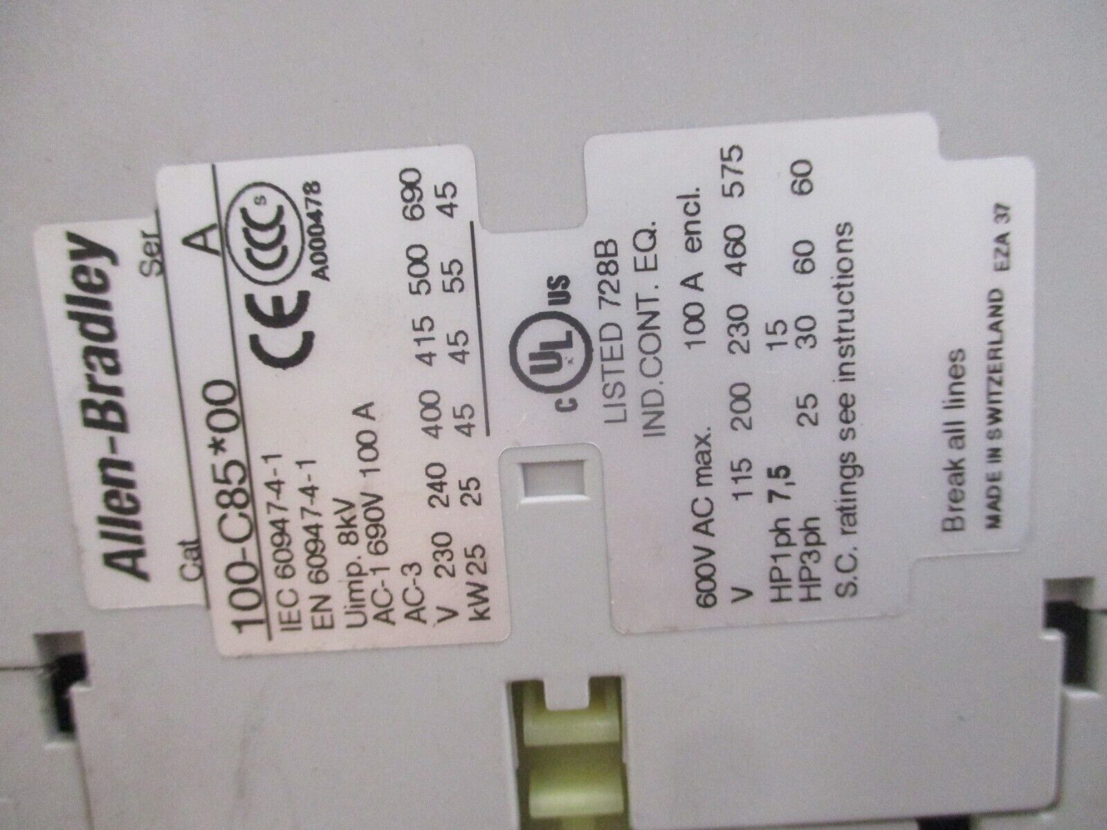 Allen-Bradley Contactor 100-C85*00 120V Coil 100A 600V w/ Aux Contact Block Used