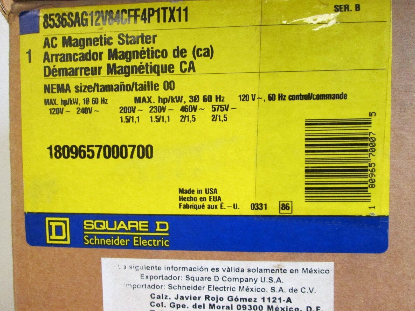 Square D Starter, NEW IN BOX, 8536SAG12V84CFF4P1TX11, Size 00