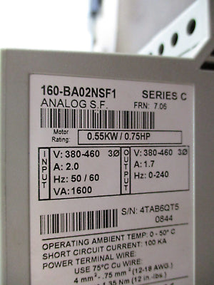 Allen-Bradley Smart Speed Controller 160-BA02NSF1 0.75Hp FRN: 7.06 Used