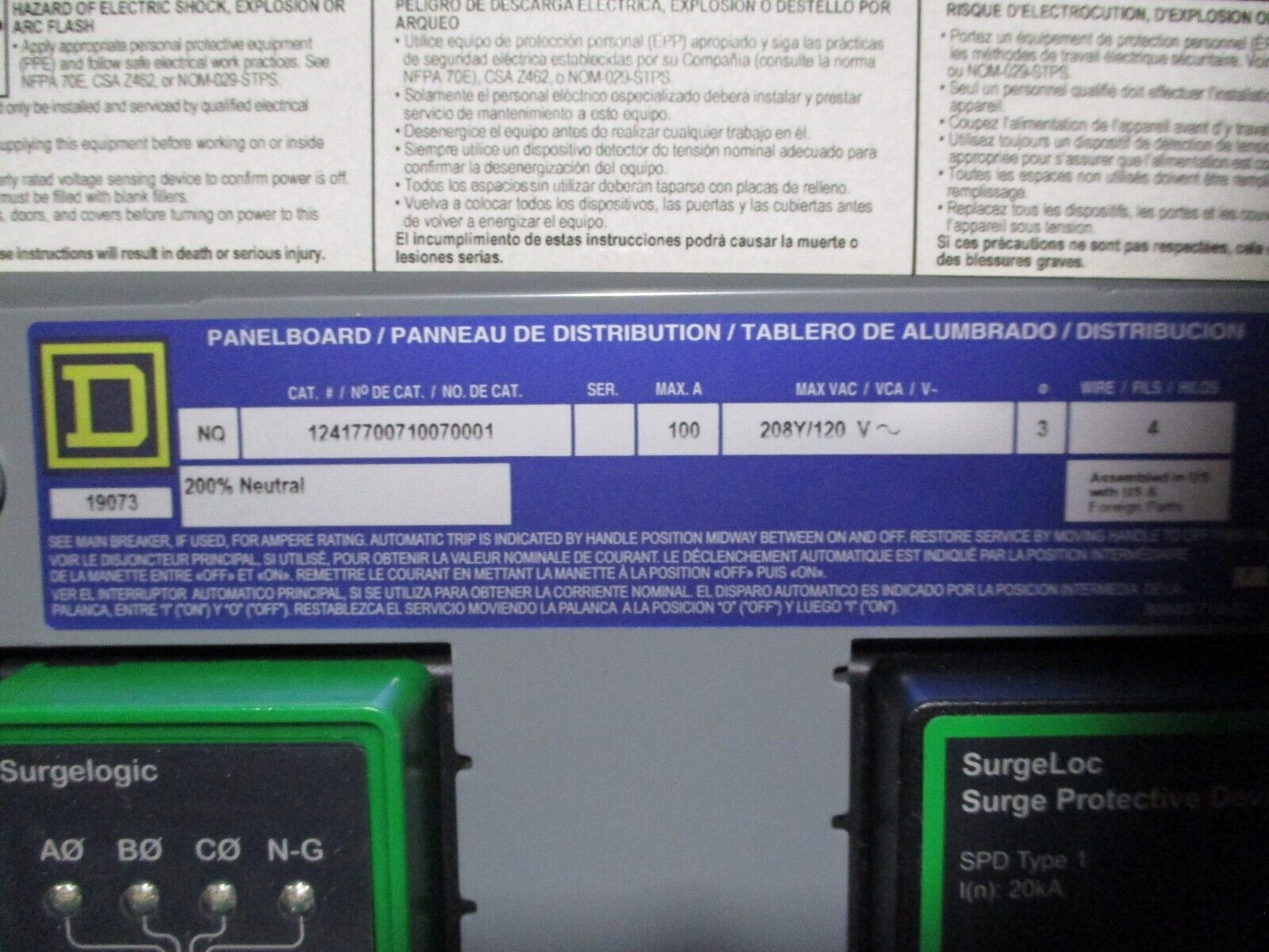 Square D Main Lug NQ Panelboard Interior 12417700710070001 100A 208Y/120V 3Ph 4W
