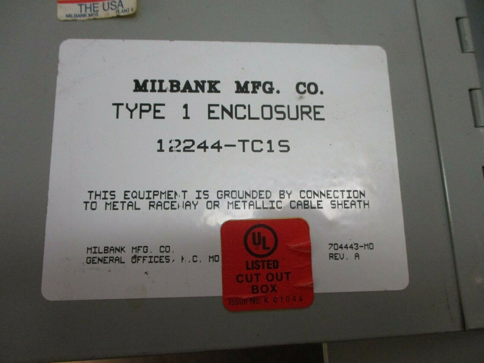Milbank Type 1 Enclosure 12244-TC1S Size: 12x24x4" Used