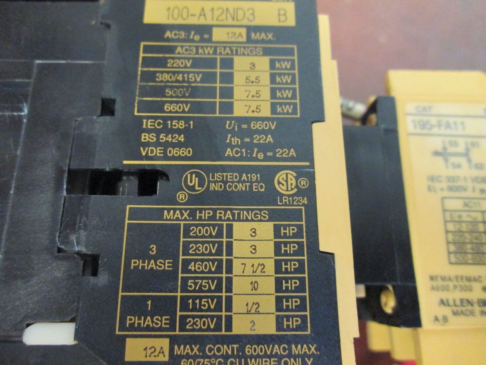 Allen-Bradley Contactor 100-A12ND3 195-FA11 12A 600V 120V Coil Used