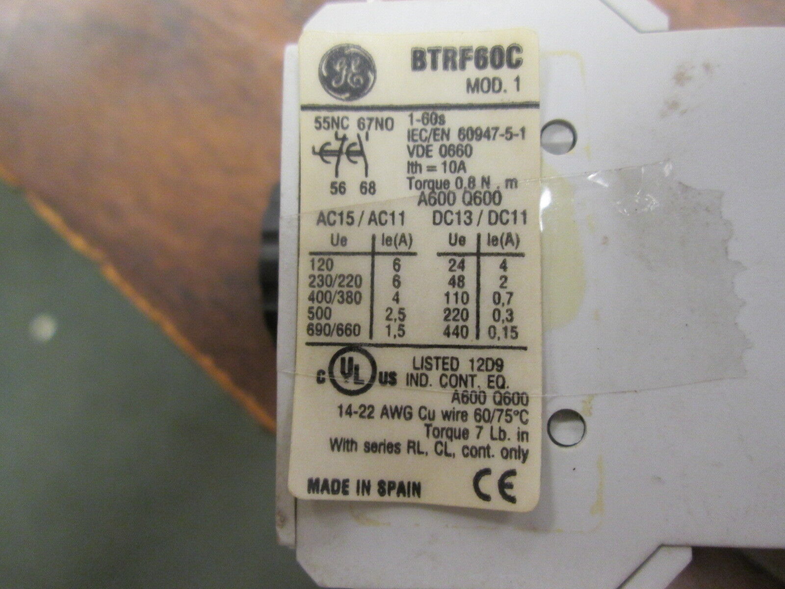 GE Relay w/ Pneumatic Timer RL4RA022R/BTRF60C 120V Coil, Range: 0-60sec Used