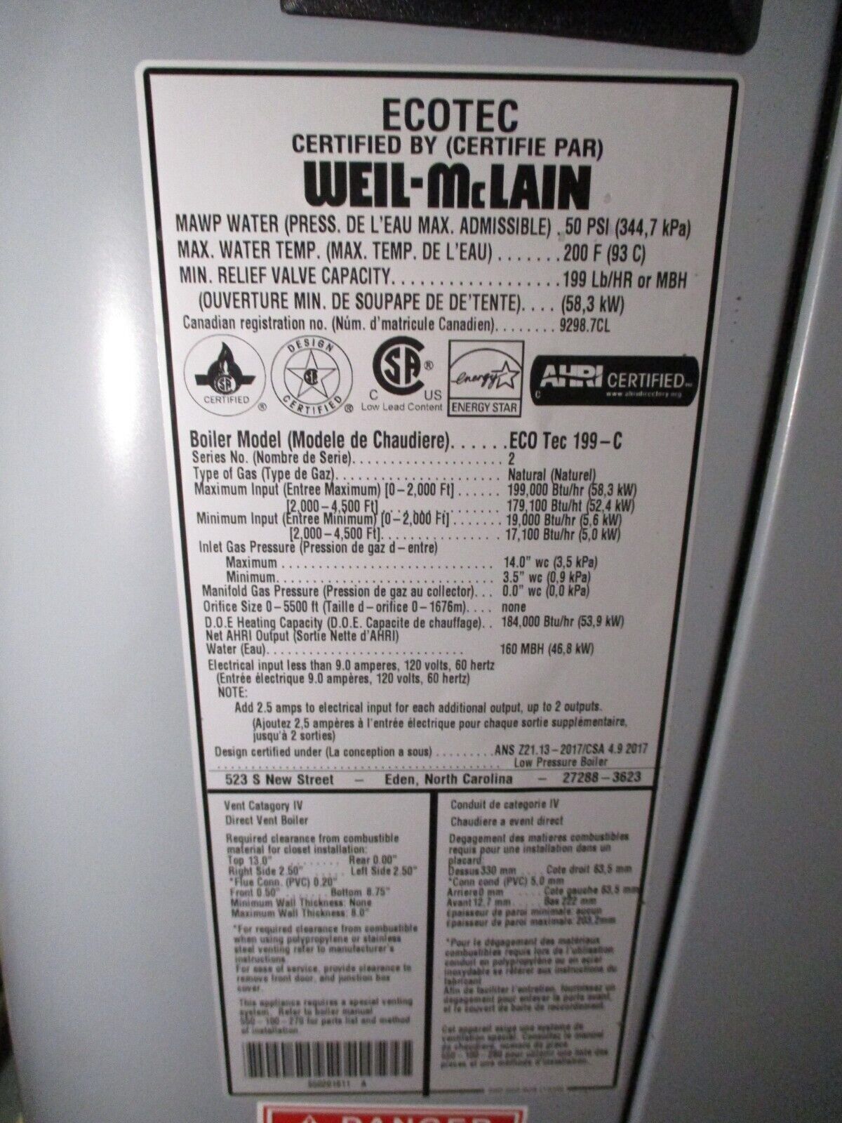 Weil-Mclain Ecotec Natural Gas Boiler ECO Tec 199-C Ser. 2 Input: 199,000 BTU