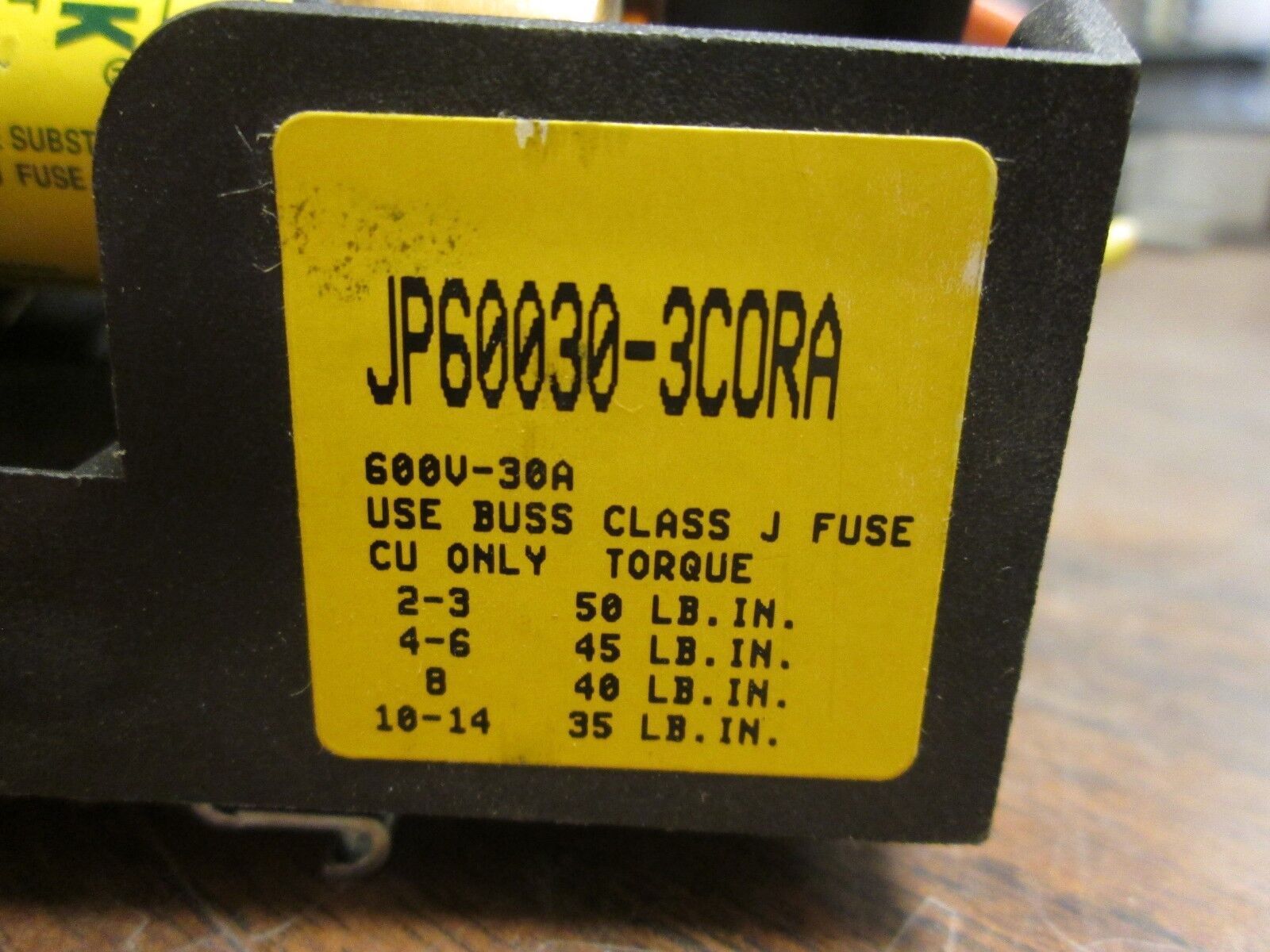 Buss Fuse Block JP60030-3CORA 30A 600V 3P Class J Pyramid w/ 35A Fuses Used