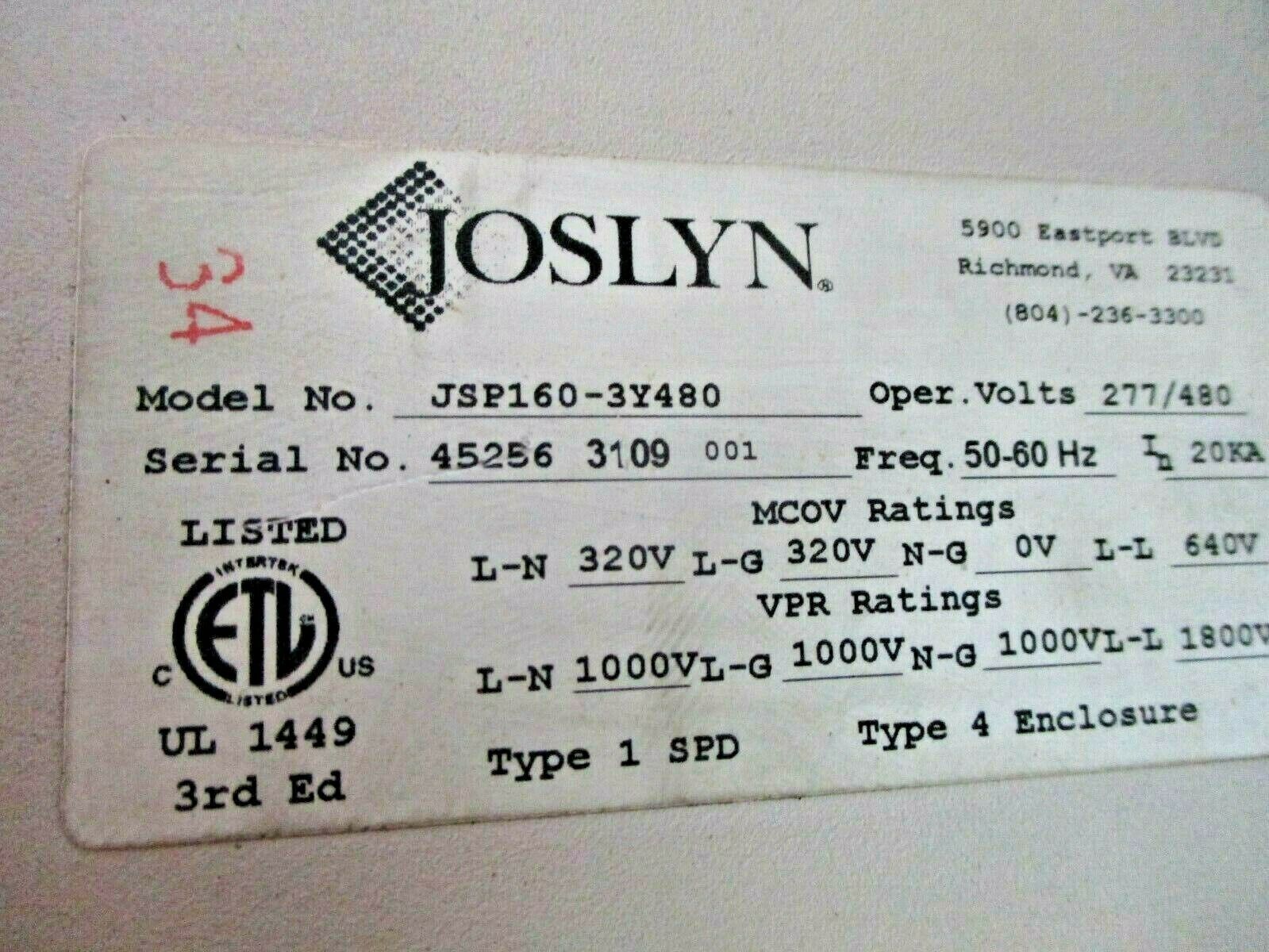Joslyn Surge Suppressor JSP160-3Y480 277/480V 50-60Hz Type 4 Enclosure Used