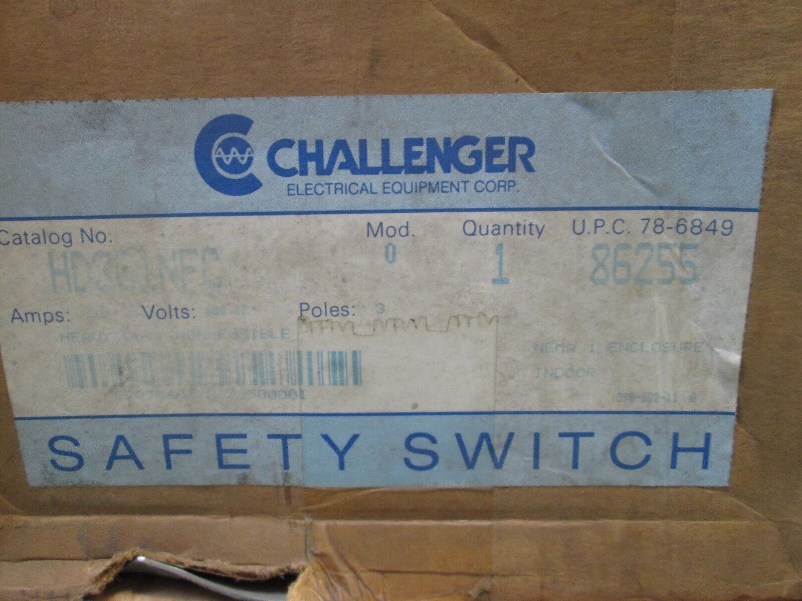 Challenger Non-fusible Safety Switch HD361NFC 30A 600V 3P New Surplus