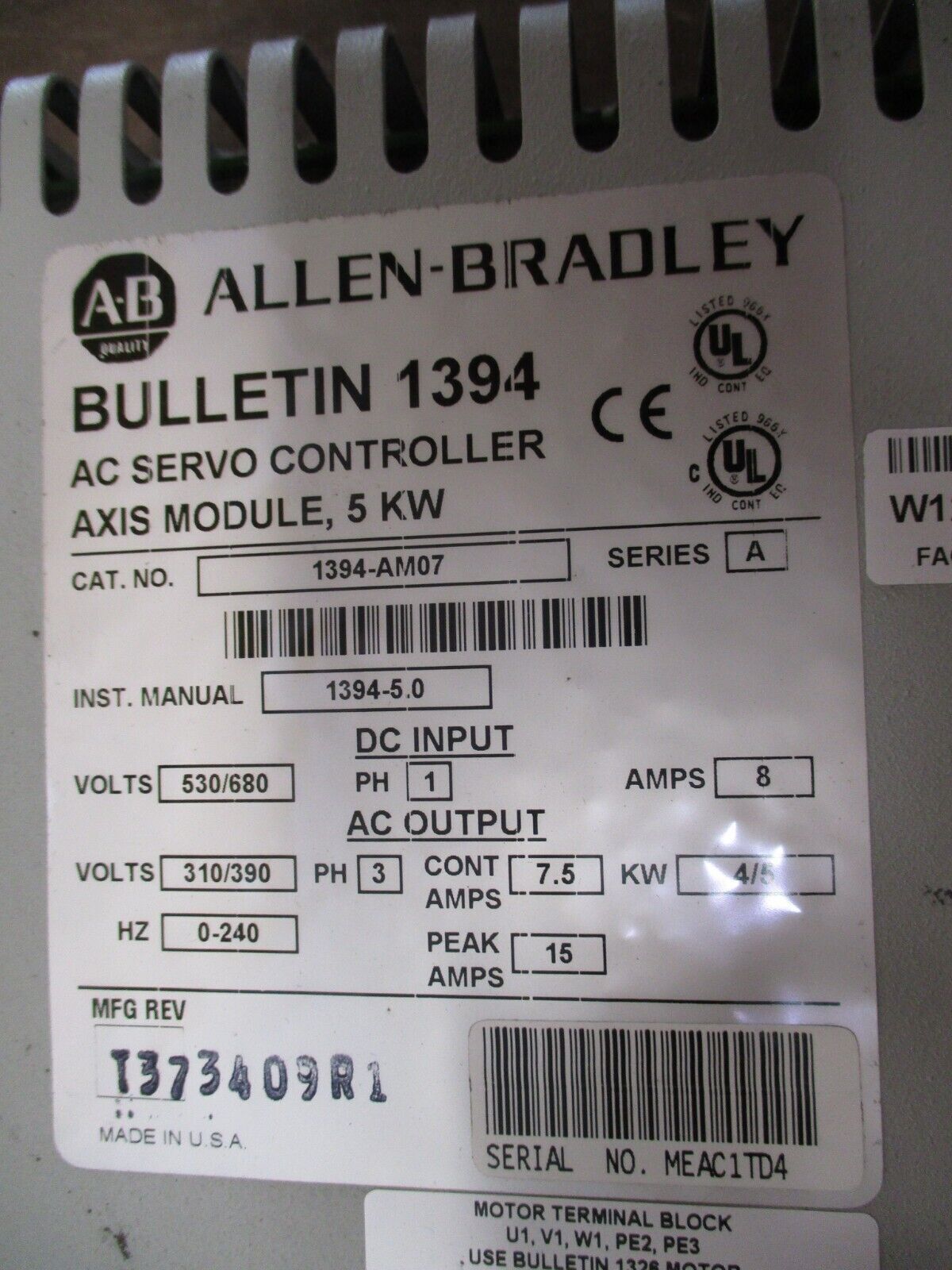 Allen-Bradley AC Servo Controller Axis Module 1394-AM07 Ser. A 5kW Used