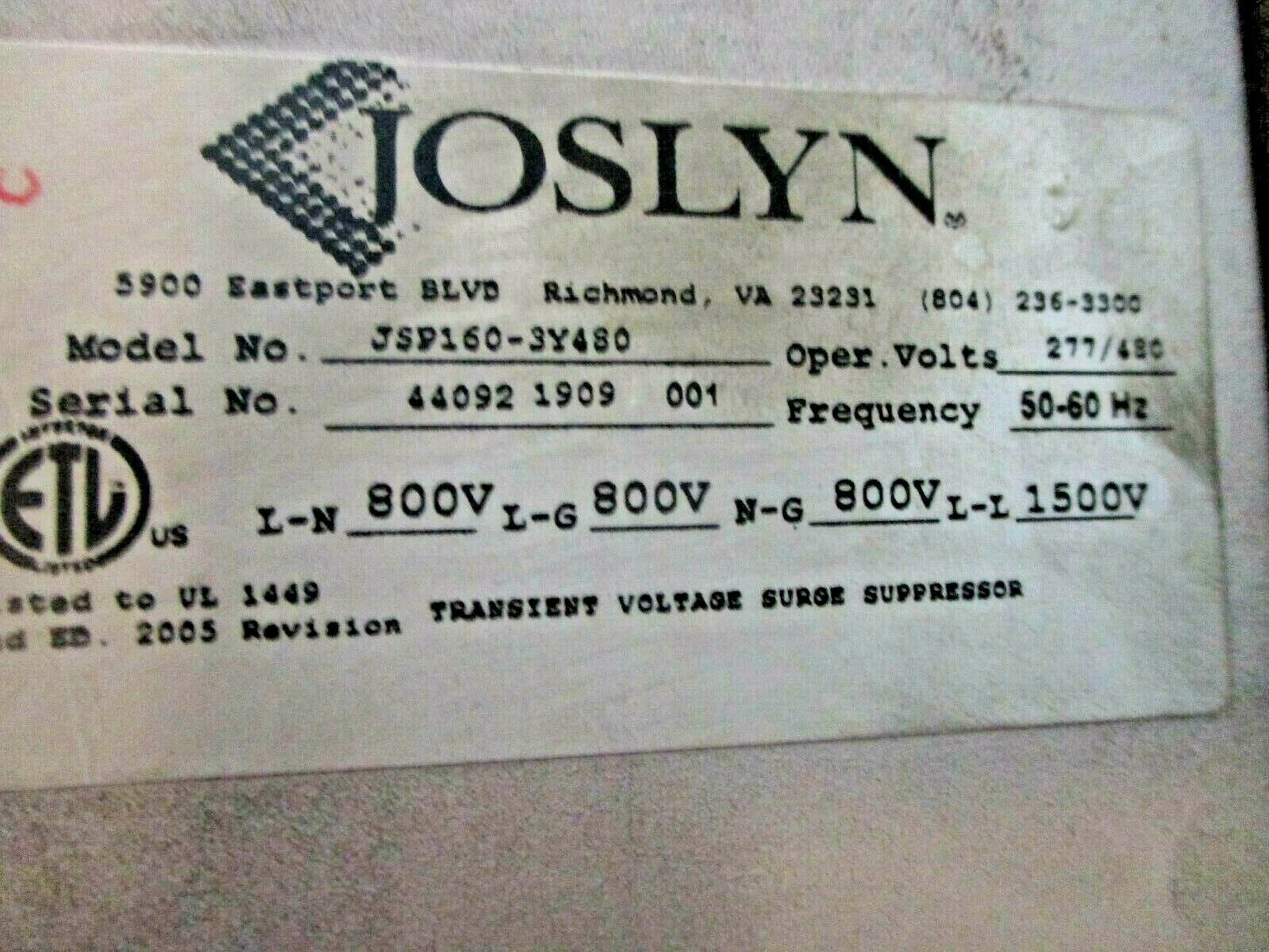 Joslyn Surge Suppressor JSP160-3Y480 277/480V 50-60Hz Used