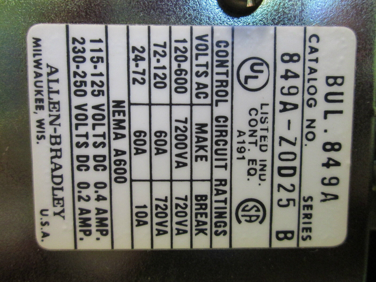 Allen-Bradley Pneumatic Timing Relay 849A-Z0D25 120V Coil Used