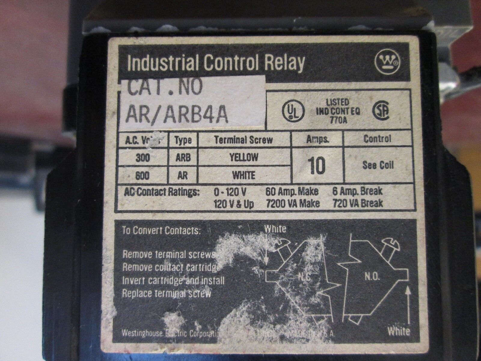 Westinghouse Industrial Control Relay ARB4A 10A 480V Coil Used