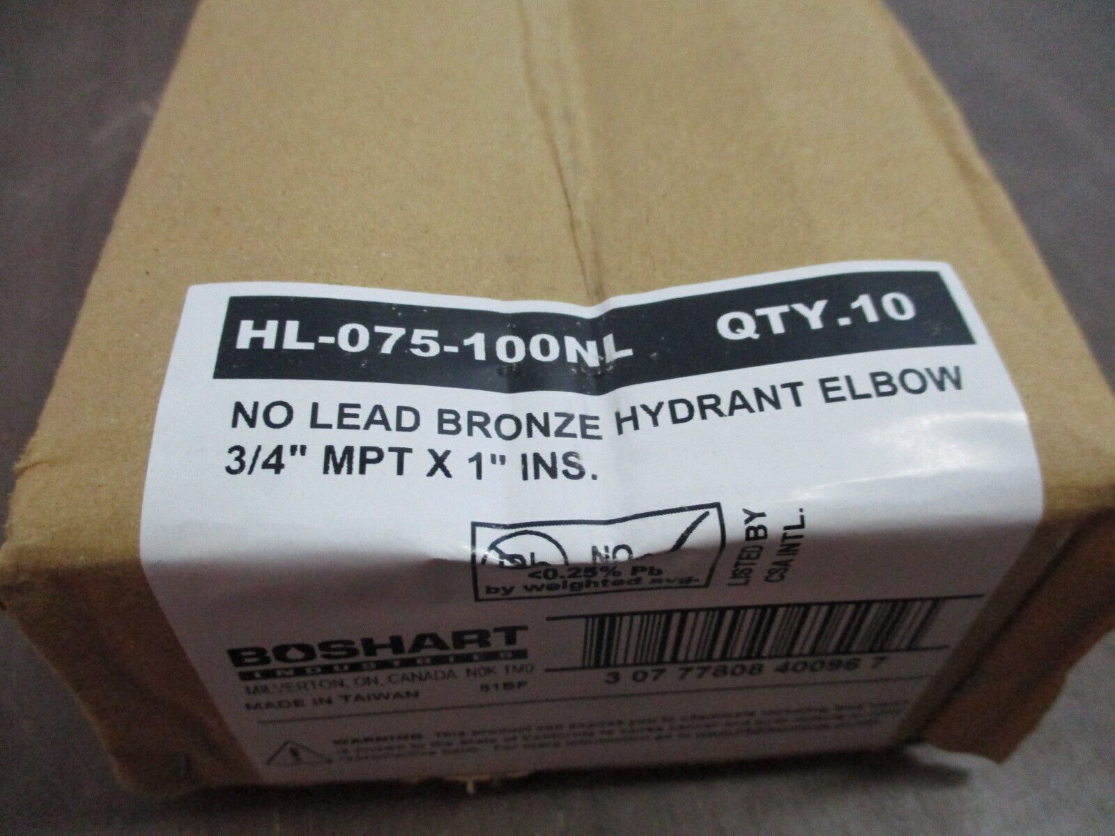 Boshart Bronze Hydrant Elbow HL-075-100NL 3/4" MPT x 1" Ins. No Lead *Box of 10*