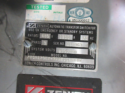 Zenith Automatic Transfer Switch ZTSH120EX-7AAELLPRTUW 1200A 480V 60Hz 3PH Used