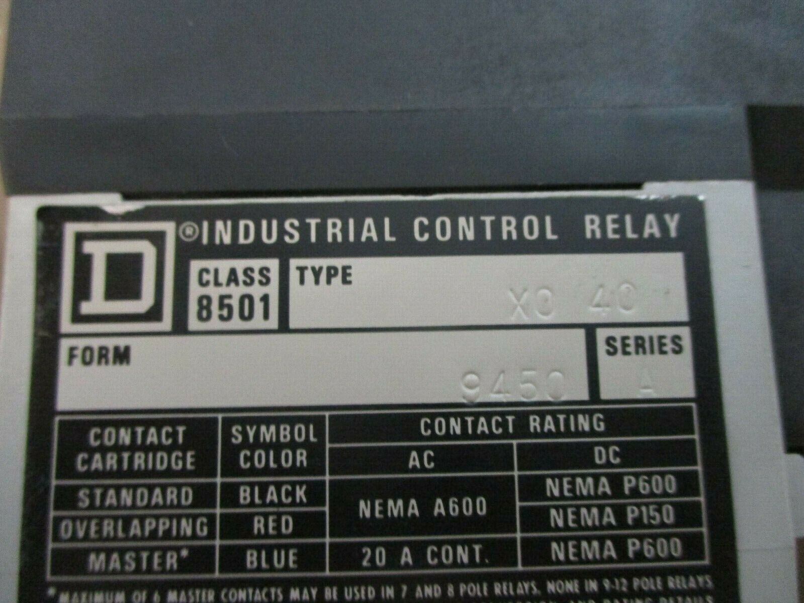 Square D Control Relay 8501 X0 40 9450 Ser. A 120V Coil 20A 600V Used