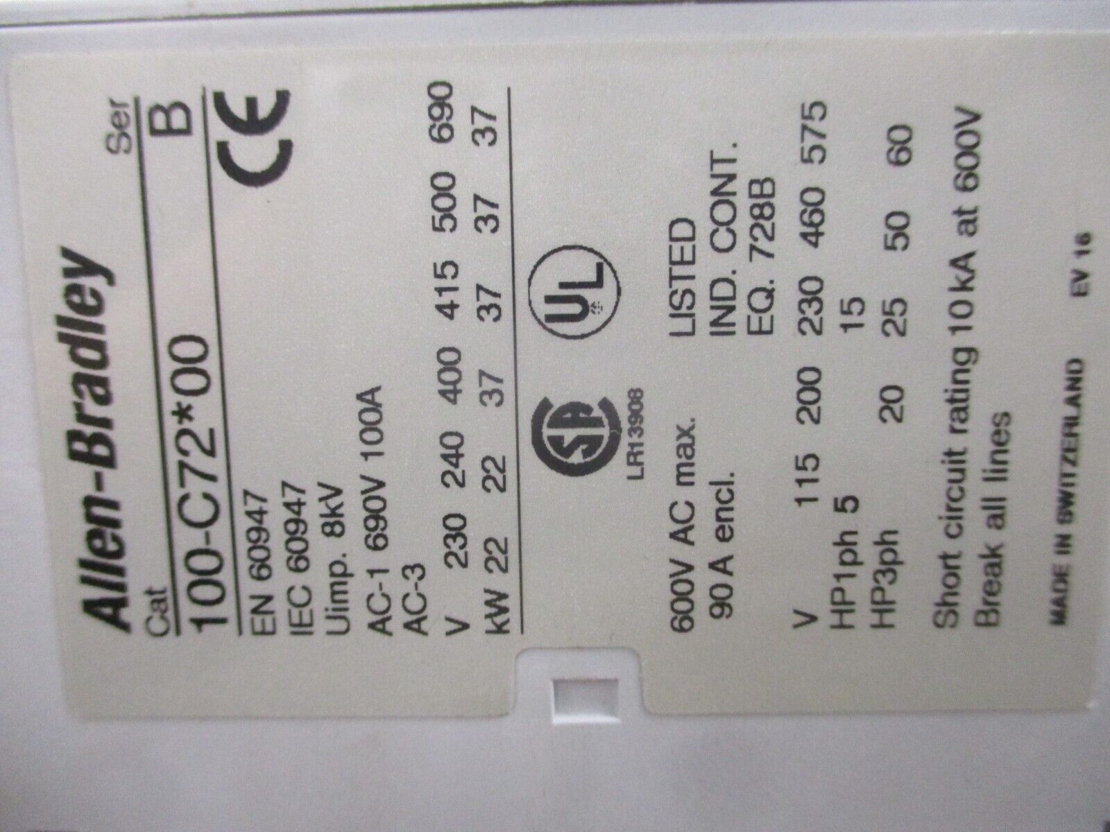 Allen-Bradley Contactor 100-C72*00 Ser. B 120V Coil 90A 600V Used