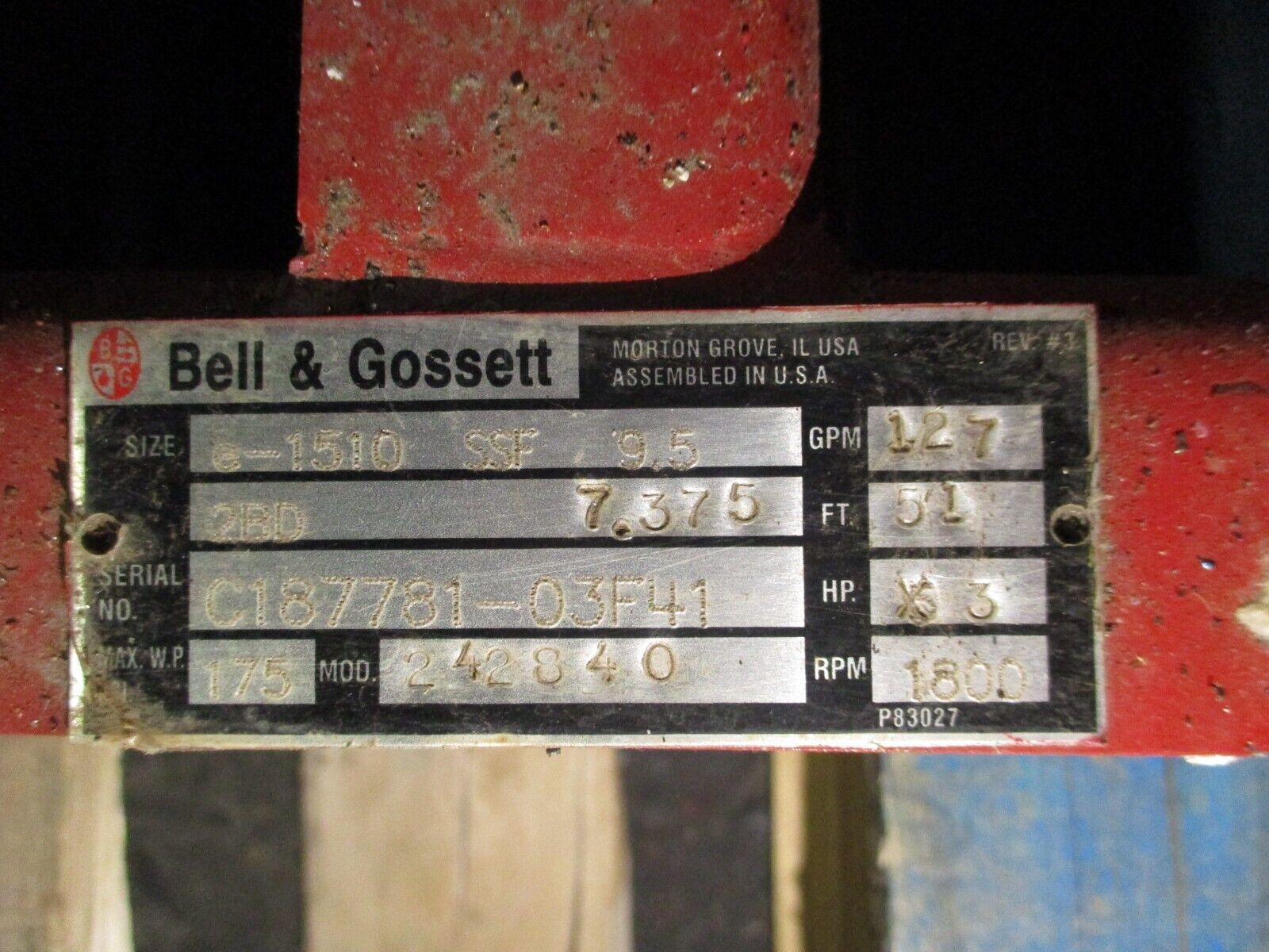 Bell & Gossett Pump e-1510 SSF 9.5 2BD 7.375 3HP 1800RPM 127GPM 51 FT Head Used