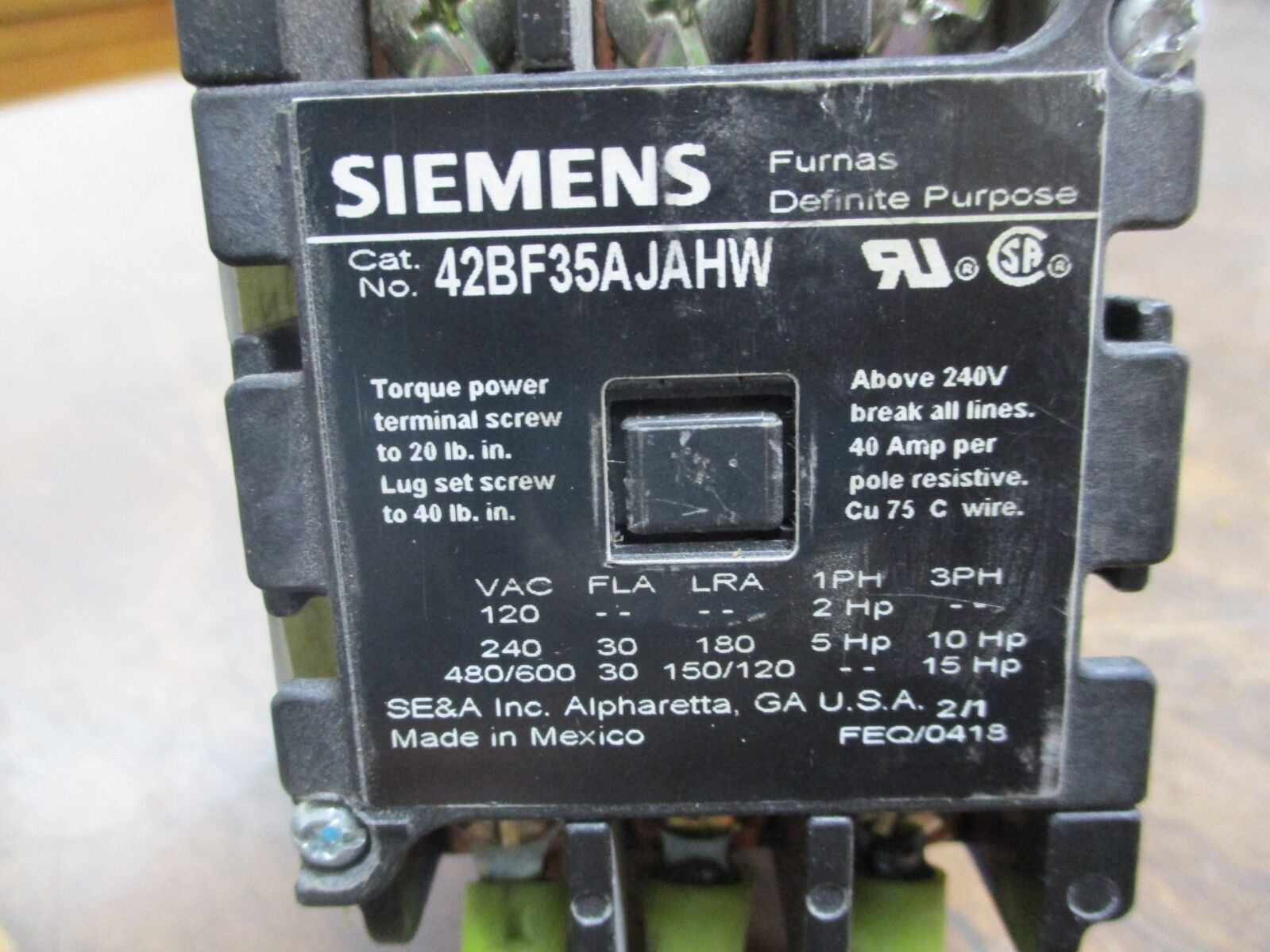 Siemens Definite Purpose Contactor 42BF35AJAHW 24V Coil Used
