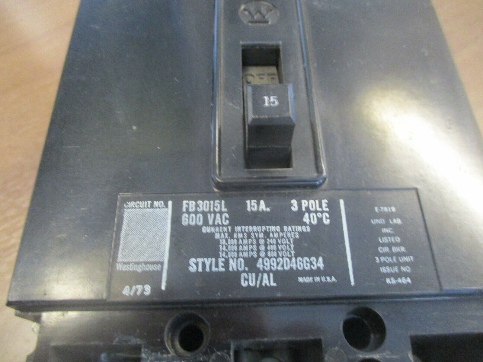 Westinghouse Circuit Breaker FB3015L 15A 600V 3P Used